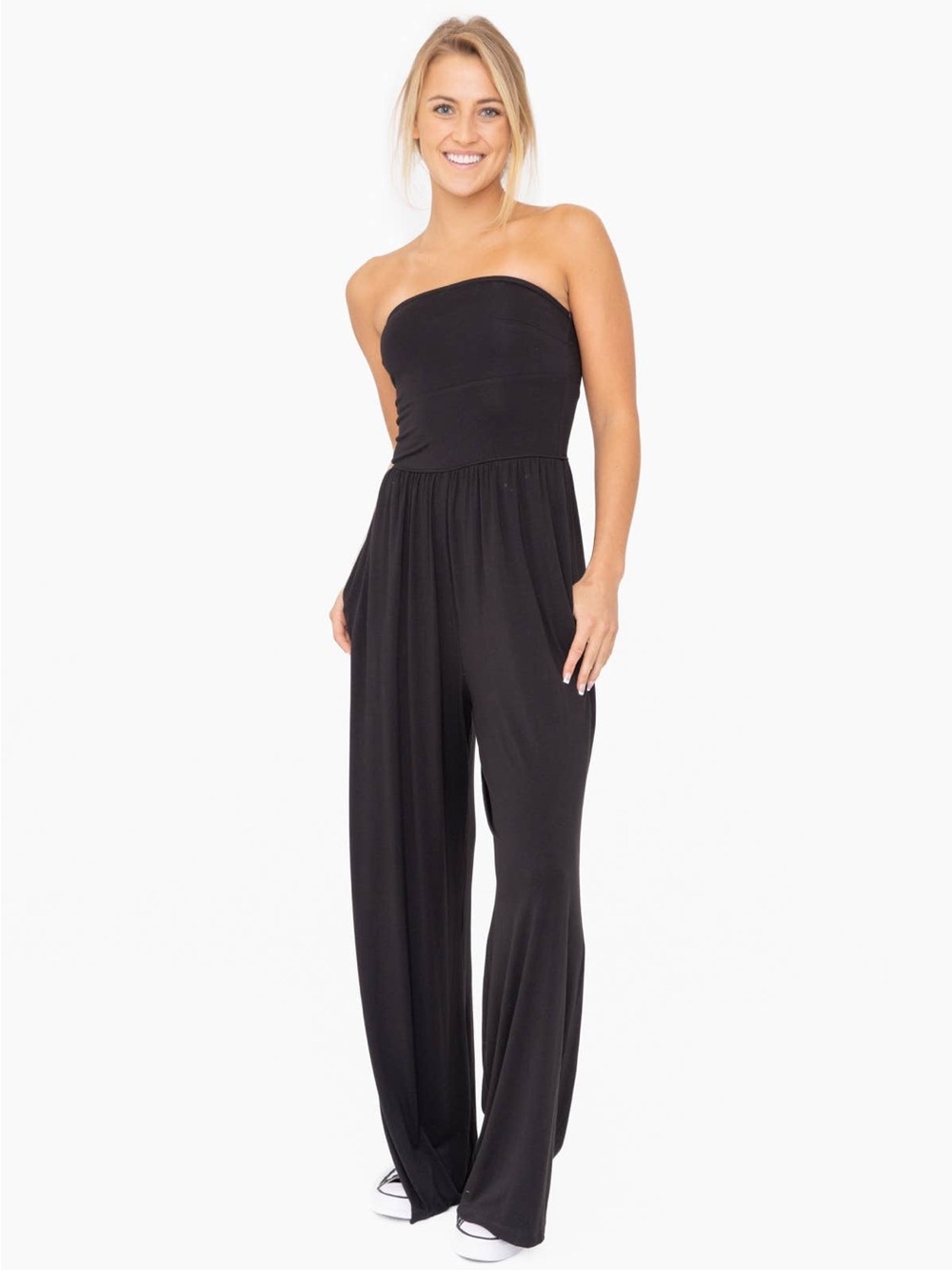 Mono B Strapless Flared Lounge Jumpsuit - Black